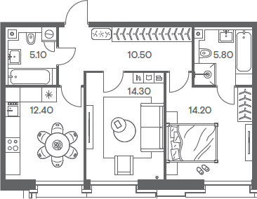 2-комн., 62.3 м², 10/12 этаж, ЖК «Инджой»