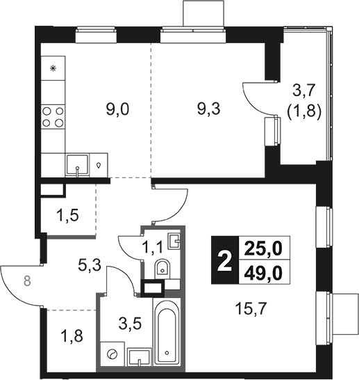 2-комн., 47.2 м², 14/17 этаж, ЖК «1-й Химкинский»