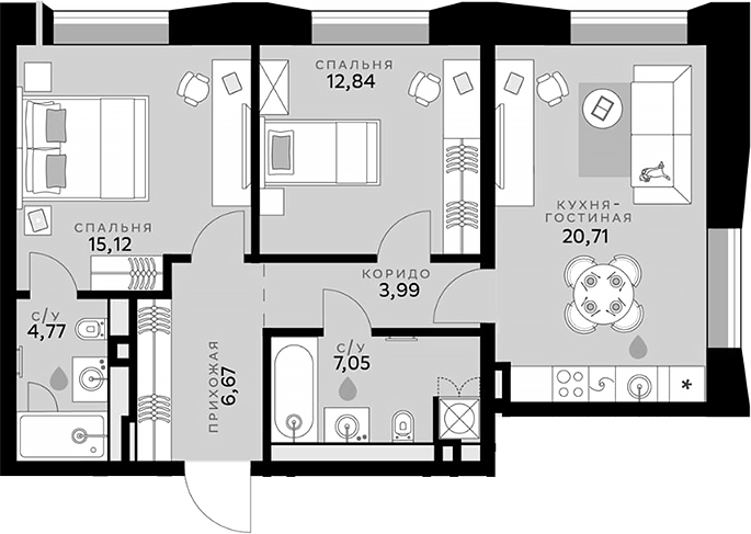 3-комн., 71.15 м², 1/10 этаж, ЖК «СберСити»