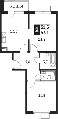 2-комн., 51.5 м², 6/24 этаж, ЖК «Южная Битца»