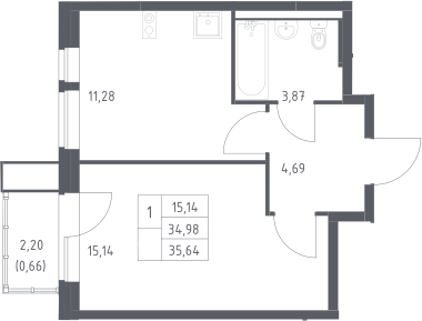 1-комн., 34.98 м², 17/17 этаж, ЖК «Квартал Авиаторов»