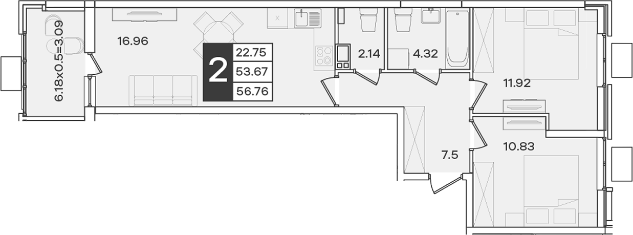 2-комн., 53.67 м², 9/18 этаж, ЖК «Сюжеты»
