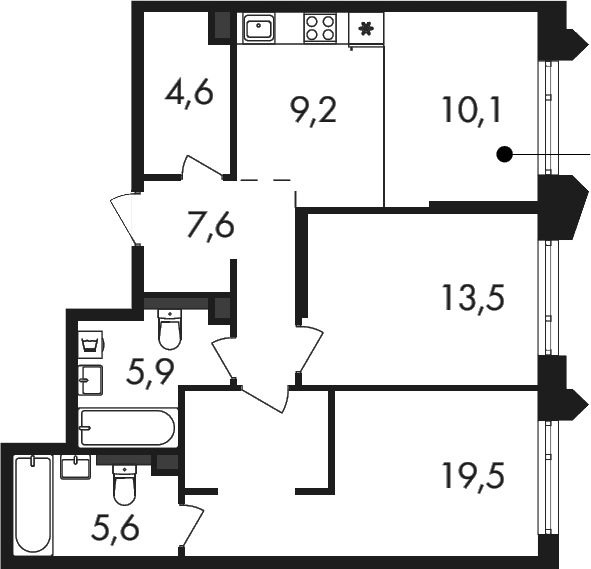 3-комн., 76 м², 15/19 этаж, ЖК «Петровский Парк II»