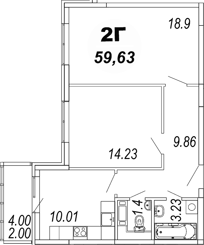 2-комн., 57.63 м², 2/4 этаж, ЖК «Шолохово»