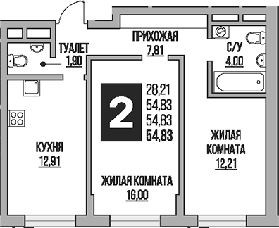 2-комн., 54.83 м², 1/8 этаж, ЖК «Гранель Живописный»