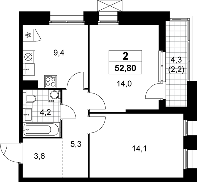 2-комн., 50.6 м², 9/19 этаж, ЖК «Прокшино»