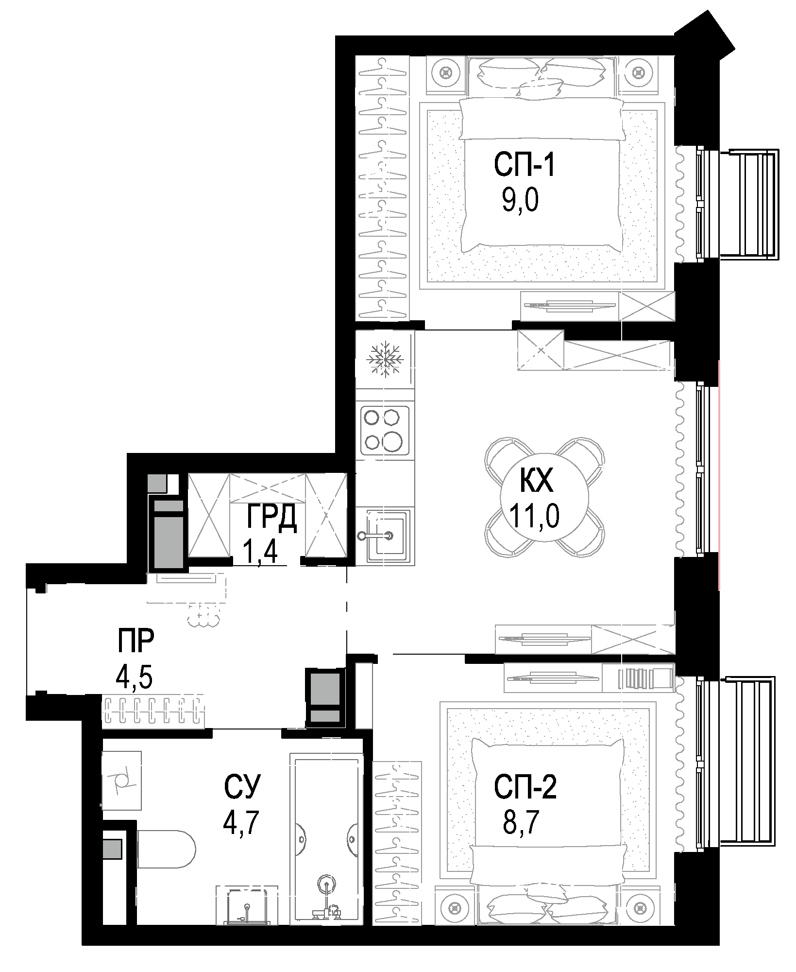 2-комн., 39.3 м², 14/21 этаж, ЖК «Новая Звезда»