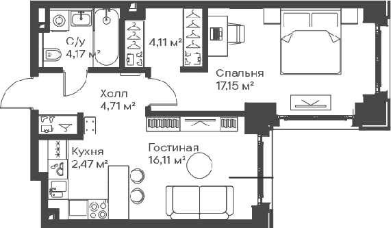 2-комн., 48.72 м², 9/15 этаж, ЖК «Сити Бэй»