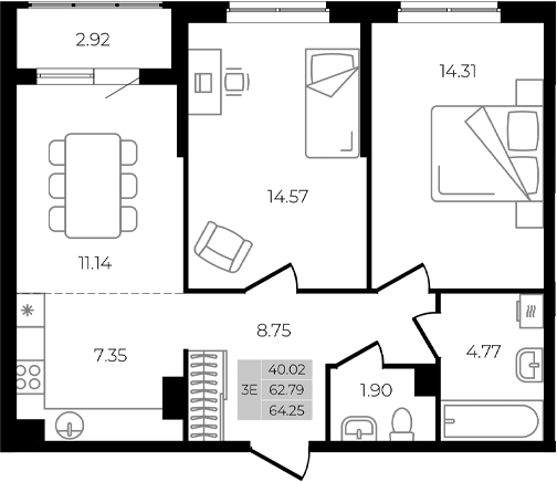 3-комн. квартира, 62.79 м² в ЖК Курортный регион — фото 2