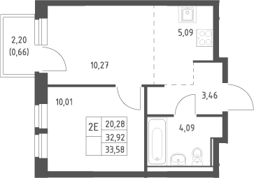2-комн., 32.92 м², 9/17 этаж, ЖК «Квартал Ивакино»