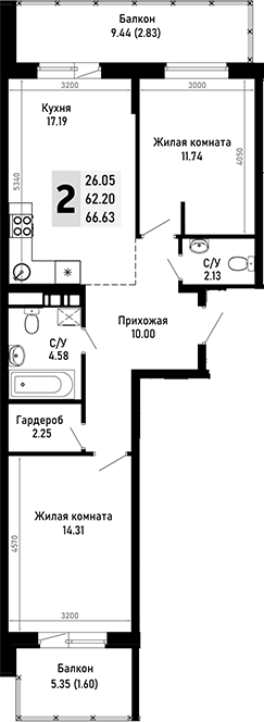 2-комн. квартира, 62.2 м² в ЖК Усадьба Гостагаевская — фото 2