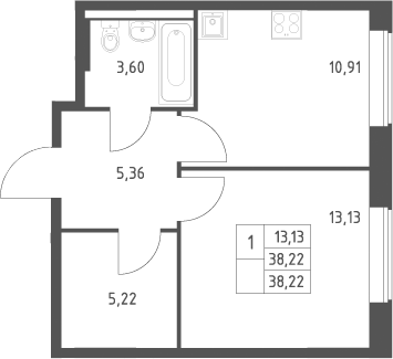 1-комн., 38.22 м², 9/12 этаж, ЖК «Большое Юрлово»