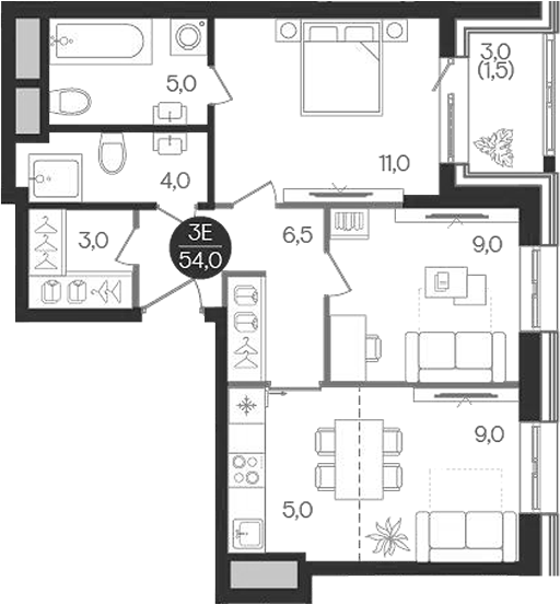3-комн., 52.5 м², 28/32 этаж, ЖК «Кантемировский»
