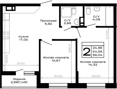 2-комн., 54.55 м², 16/16 этаж, ЖК «Горные высоты»