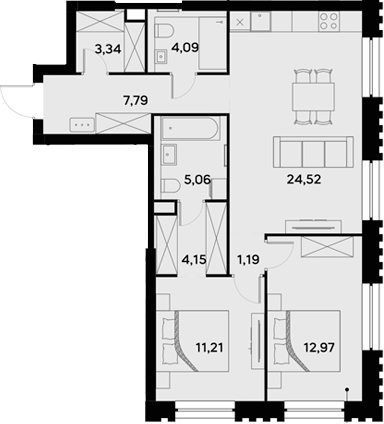 3-комн., 74.32 м², 14/52 этаж, ЖК «УЛЬТИМА Сити»