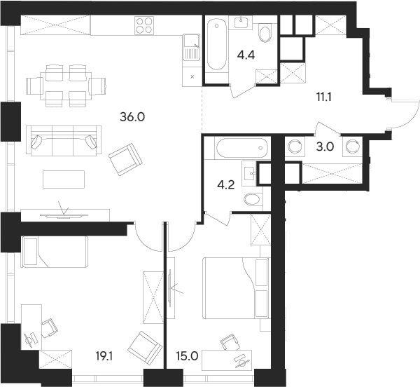 2-комн., 92.8 м², 26/55 этаж, ЖК «Инди Тауэрз от Аквилон»