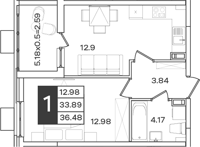 1-комн., 33.89 м², 6/9 этаж, ЖК «Сюжеты»