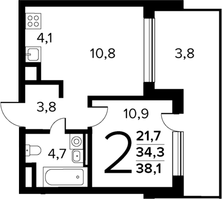 2-комн., 34.3 м², 1/12 этаж, ЖК «Новые Ватутинки Квартал у реки»