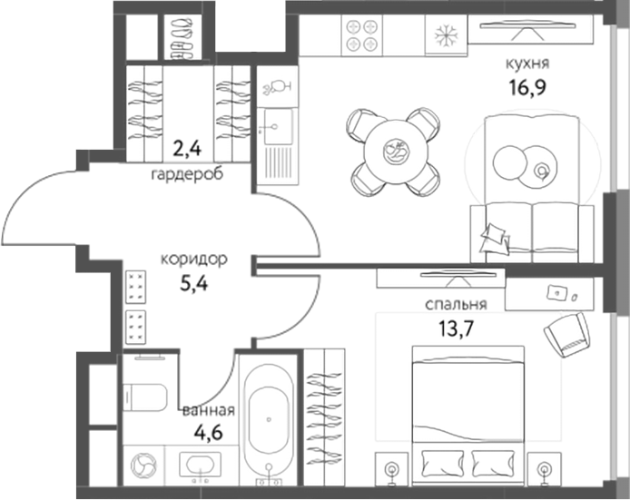1-комн., 43 м², 10/25 этаж, ЖК «Сиреневый парк»