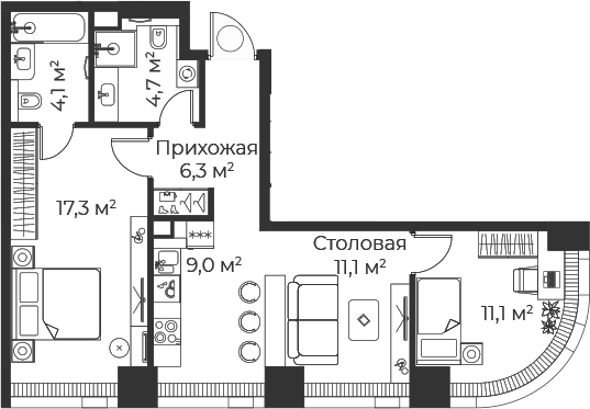 3-комн., 63.5 м², 9/71 этаж, ЖК «Веер»