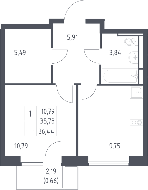 1-комн., 35.78 м², 12/12 этаж, ЖК «Новое Видное»