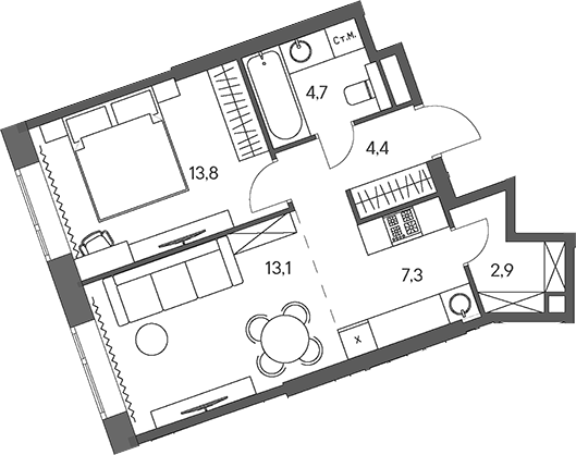 2-комн., 46.2 м², 22/30 этаж, ЖК «Родина Переделкино»