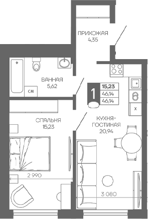 1-комн. квартира, 46.14 м² в ЖК Иначе в Молодежном — фото 2
