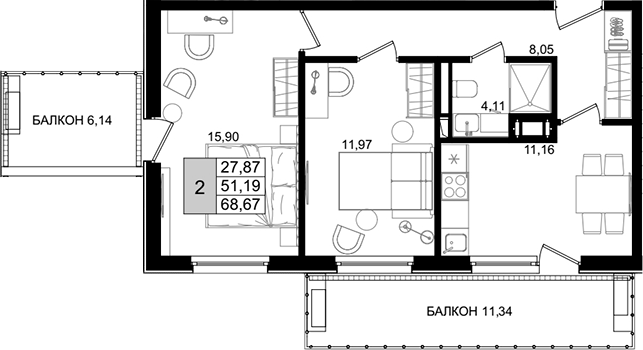Продается 2-комн. квартира, 49.7 м²