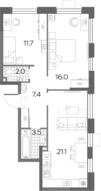 3-комн., 63.5 м², 21/24 этаж, ЖК «Лучи»
