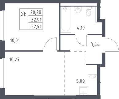 2-комн., 32.91 м², 15/17 этаж, ЖК «Пригород Лесное»