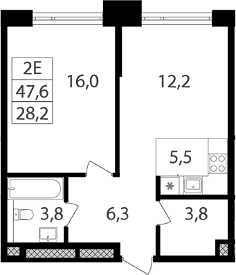 2-комн., 47.6 м², 4/25 этаж, ЖК «Петровский Парк II»
