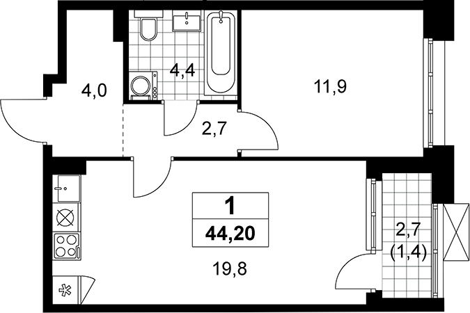 2-комн., 42.8 м², 11/19 этаж, ЖК «Прокшино»
