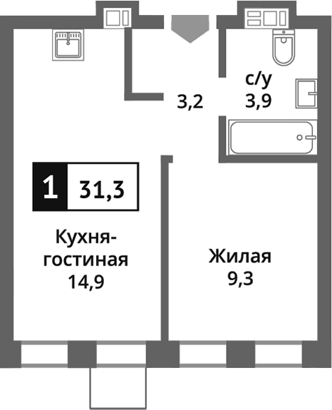 2-комн., 31.3 м², 9/9 этаж, ЖК «Никольский квартал Отрада»