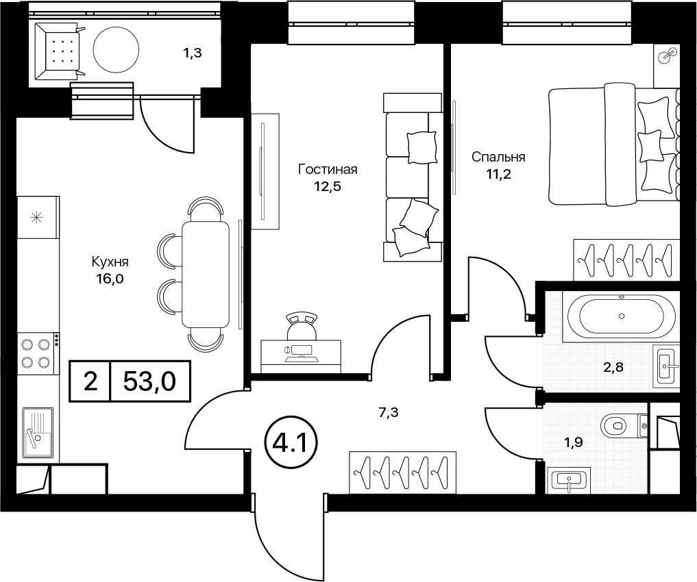 2-комн., 51.7 м², 11/17 этаж, ЖК «Пушкино Град»