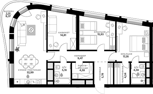 3-комн., 115.12 м², 9/11 этаж, ЖК «СберСити»