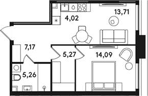 2-комн., 49.52 м², 21/49 этаж, ЖК «СОЛОС»