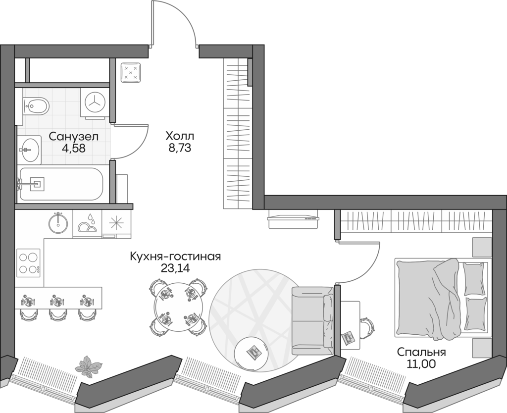 2-комн., 46 м², 10/16 этаж, ЖК «Инсайдер»