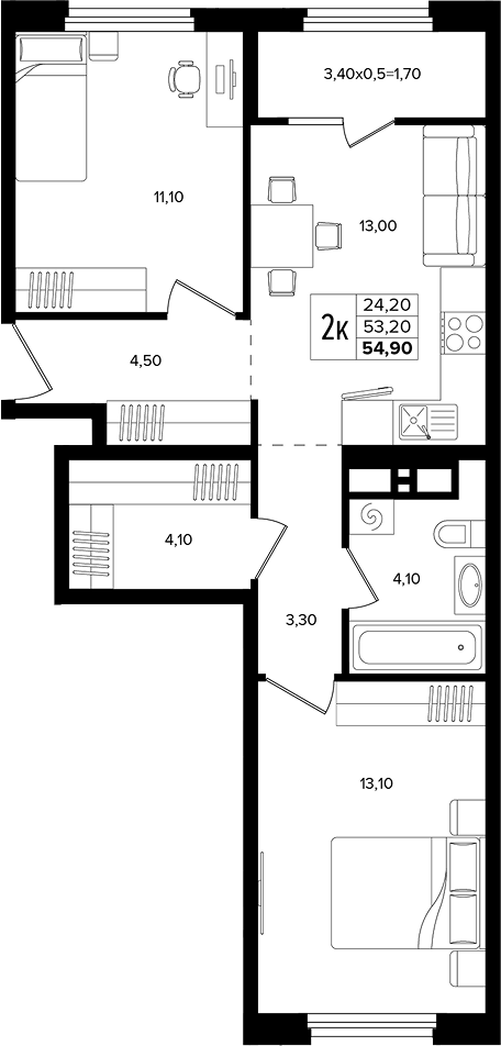 3-комн., 53.2 м², 7/12 этаж, ЖК «Лермонтов Парк»