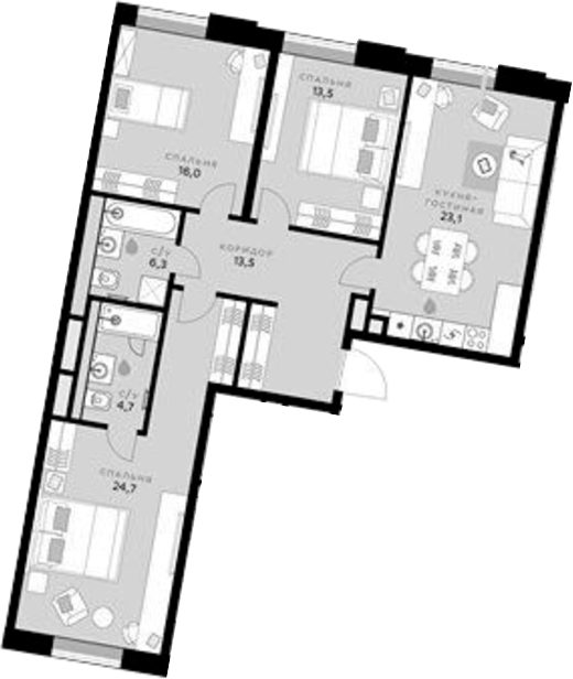 4+ комнаты, 101.8 м², 2/7 этаж, ЖК «СберСити»