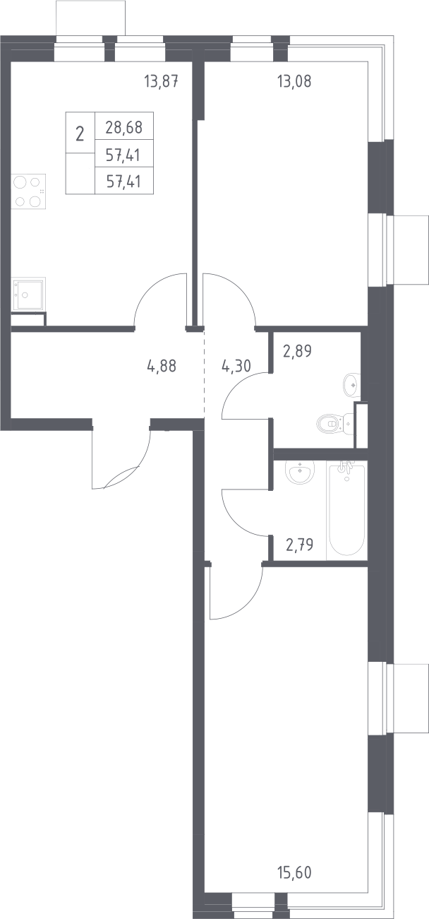 2-комн., 57.41 м², 11/12 этаж, ЖК «Квартал Авиаторов»