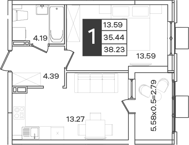 1-комн., 35.44 м², 7/18 этаж, ЖК «Сюжеты»