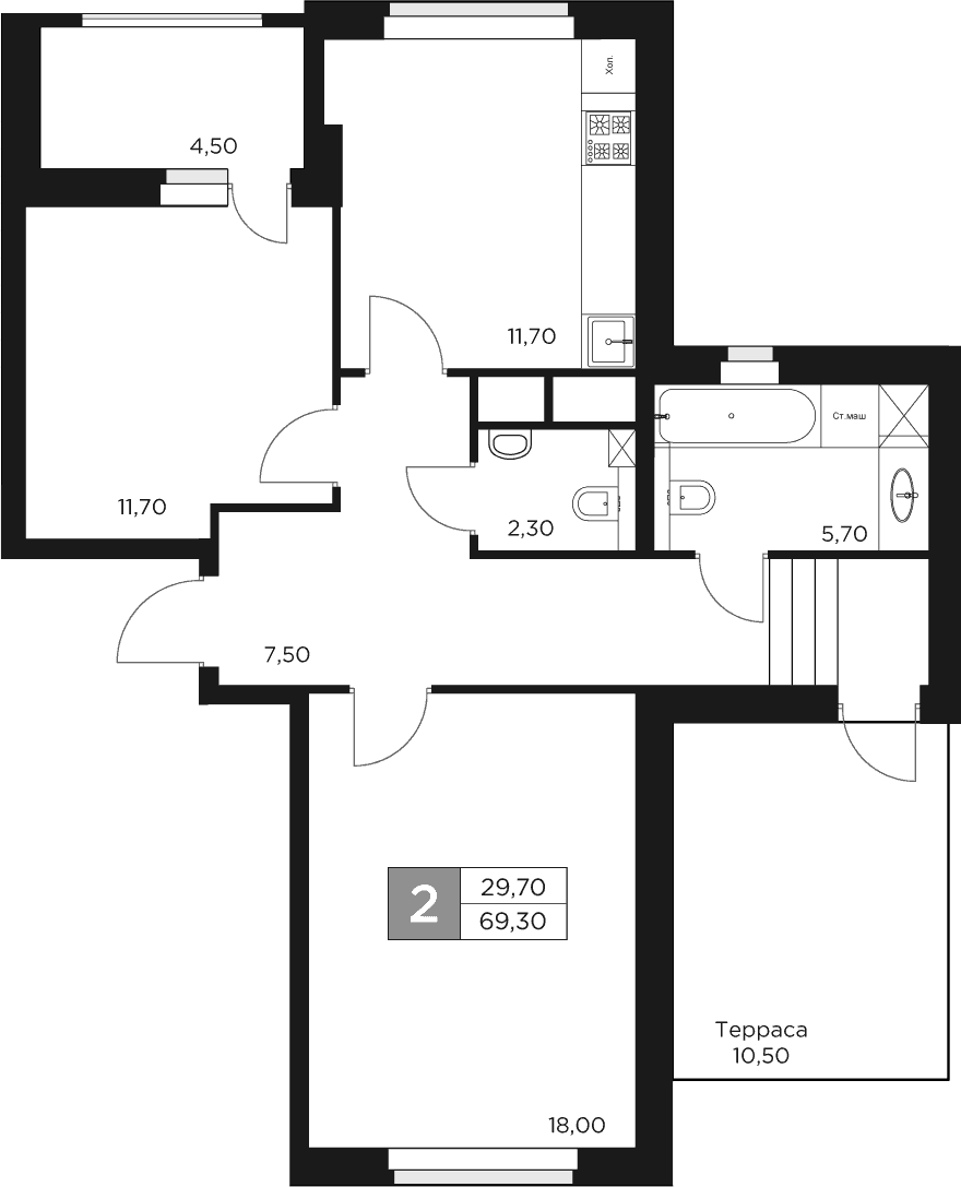 2-комн., 56.55 м², 15/17 этаж, ЖК «Восток 2»