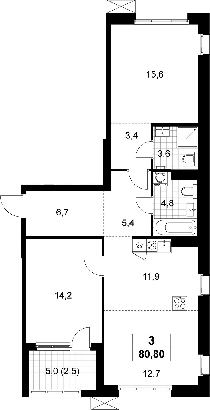 3-комн., 78.3 м², 12/12 этаж, ЖК «Дзен-кварталы»