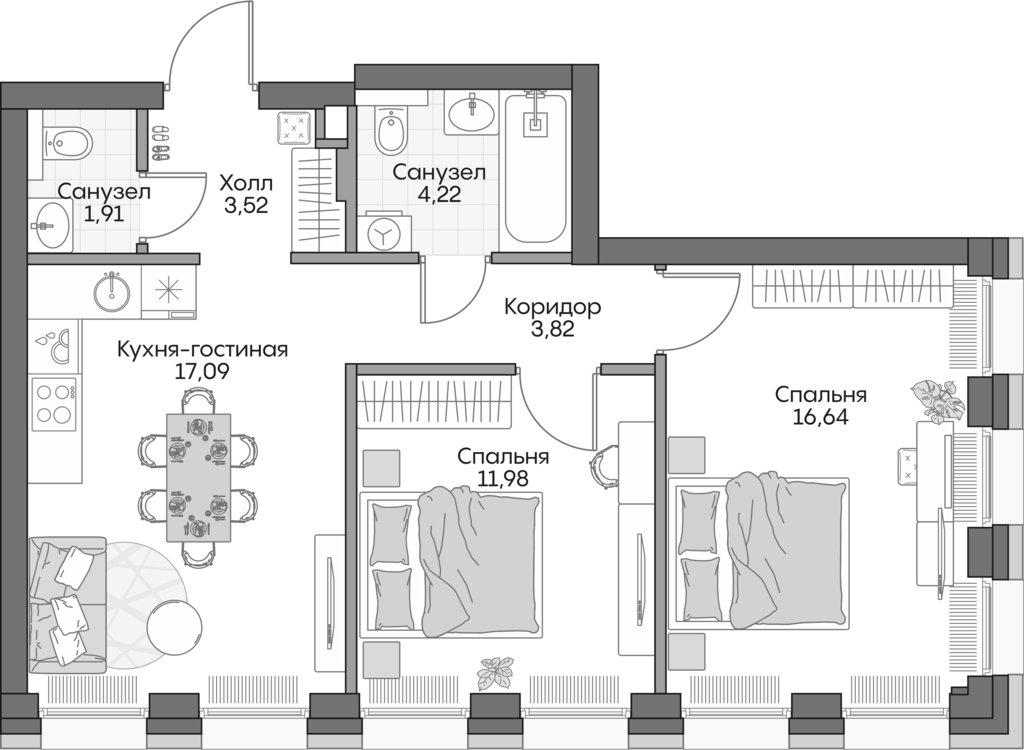 3-комн., 56.5 м², 11/16 этаж, ЖК «Инсайдер»