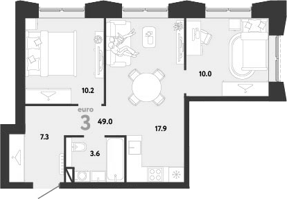 3-комн., 49 м², 15/33 этаж, ЖК «Страна.Заречная»