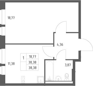 1-комн., 38.38 м², 12/17 этаж, ЖК «Квартал Авиаторов»