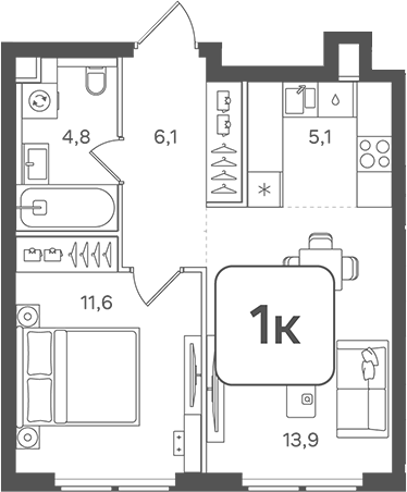 2-комн., 41.5 м², 14/31 этаж, ЖК «НАЗАРЕ»