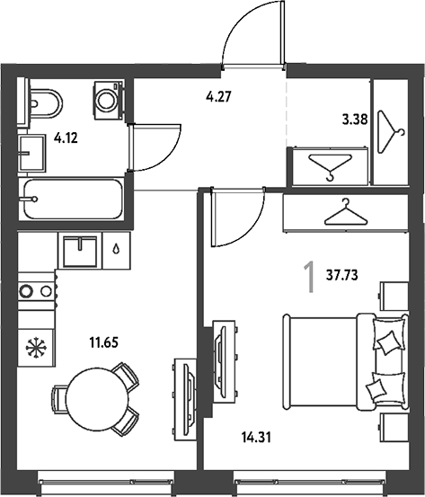 1-комн., 37.73 м², 11/16 этаж, ЖК «Страна.Парковая»