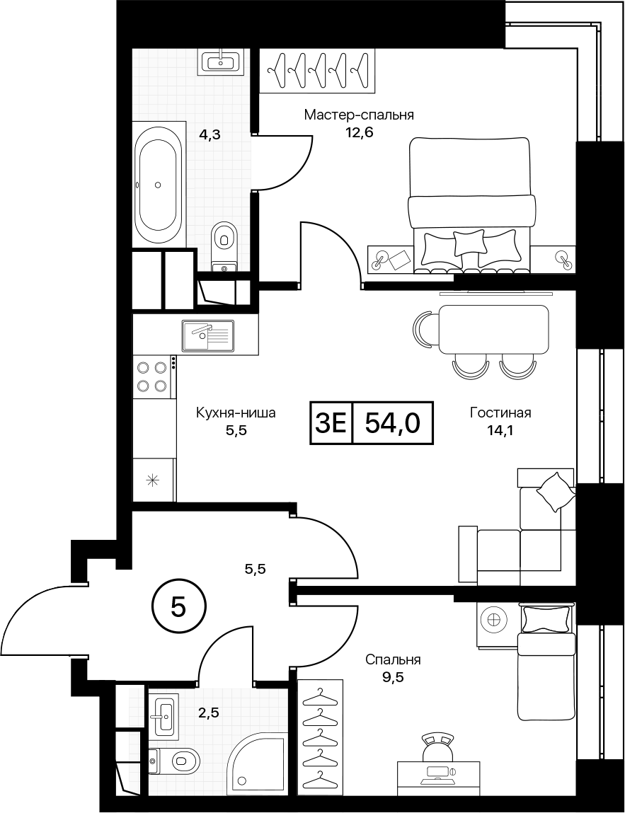 3-комн., 54 м², 12/17 этаж, ЖК «Пушкино Град»