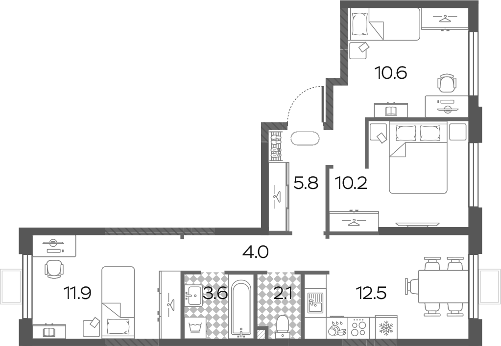 3-комн., 60.7 м², 22/24 этаж, ЖК «Лучи»